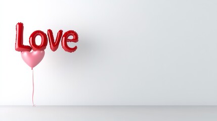 Poster - Red heart balloon with the word love written on it. The balloon is floating in the air and the word love is written in red letters. Concept of love and affection, as the heart balloon