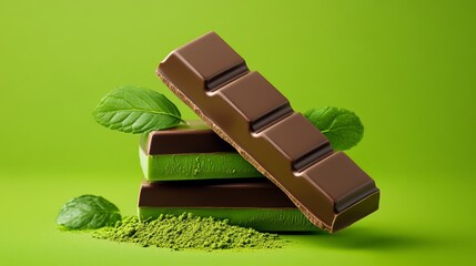 Wall Mural - Chocolate bar with green leaves on top of it is placed on top of some green powder. The chocolate bar is stacked on top of two other chocolate bars, creating a visually appealing