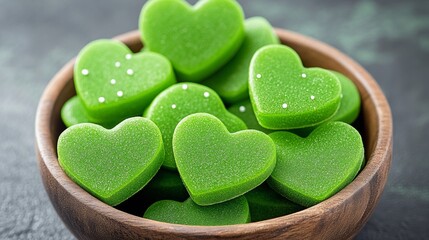 Wall Mural - Bowl full of green heart-shaped candies. The candies are green and have a shiny, sparkly appearance. The bowl is made of wood and is placed on a countertop