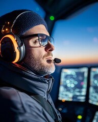Aufkleber - Contemporary Tech Aesthetic in Aviation Air Traffic Control Operator with Advanced Radar Screens - Streamlining Air Travel Efficiency for Modern Aviation Management