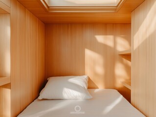 Aufkleber - Warm Wooden Minimalism Foldable Bed in Tiny Home Interior - Indian Sustainable Design for Modern Real Estate and Space-Savvy Living Solutions