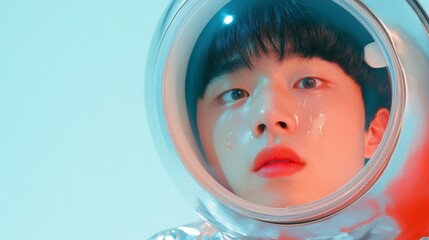 Poster - Futuristic Emotional Techwear Portrait Asian Young Man in Metallic Suit with Holographic Reflection - Vulnerability in High-Tech Commercial Visuals and Modern Marketing