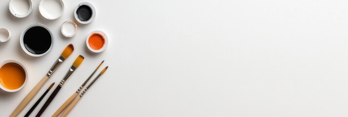 Poster - Minimalist Art Palette Professional Brushes and Vibrant Paints on White Canvas - Creative Industry Content for Modern Marketing and Design Inspiration