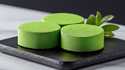 Poster - Three green cakes on a black plate with a leaf on top. The cakes are small and round, and they are arranged in a way that they look like they are sitting on top of each other