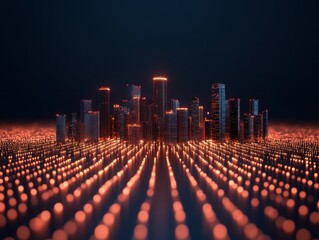 Aufkleber - Futuristic Cityscape Visualization with Digital Grid Overlay Advanced AR/VR Interface for Urban Data Security and Cyber Solutions in Modern Smart Cities
