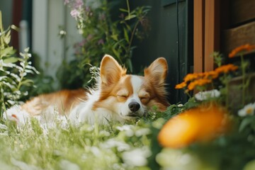 a dog resting in a sunny patch of grass, eyes half-closed, enjoying the warmth of the day in a seren