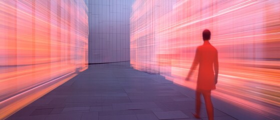 Aufkleber - Neon-Futuristic Data Visualization Dynamic Light Wall with Business Professional Walking - Interactive Decision-Making Hub for Innovative Corporate Strategy