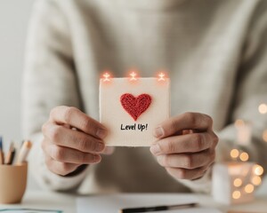 Aufkleber - Handcrafted Gamified Learning Interface Crochet Heart Level Up! Notification in Cozy Office - Enhancing Digital Engagement and Adult Education Dynamics
