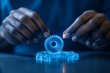 Leinwandbilder - Innovative Prototyping in Startup Culture Close-Up of Indian Man Adjusting Blue PLA Filament on FDM Printer for Gear Design - Tech and Business Innovation