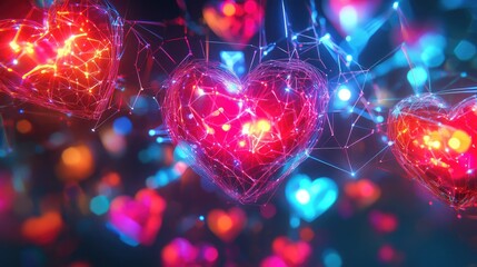 Fototapete - Cyberpunk-inspired interconnected hearts glowing brightly, symbolizing the digital workforce in vivid hues