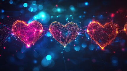 Leinwandbilder - Dynamic glowing hearts connected in a colorful cyberpunk style, showcasing workforce unity