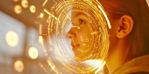 Aufkleber - A unique portrait of a young woman with futuristic glowing elements overlaying her face. This digital image captures technology and innovation. A blend of creativity and modernism. AI