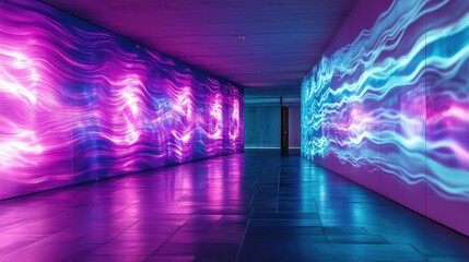 Fototapete - Electric neon waves shimmering on a dark textured surface, featuring luminous aqua and purple tones in bold, dynamic motion