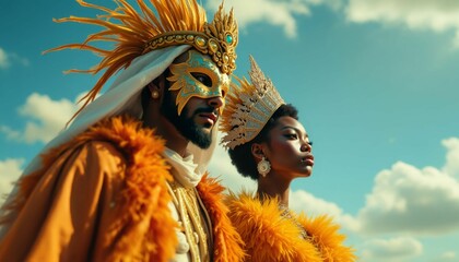 A vibrant carnival scene with two figures in elaborate golden attire against a blue sky