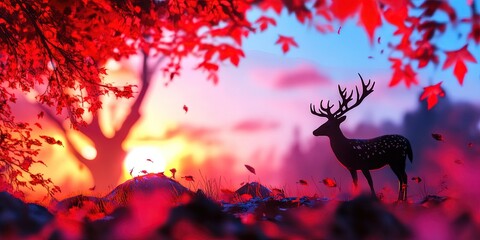 Canvas Print - deer in sunset