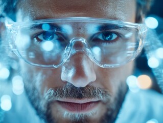 Aufkleber - Futuristic Tech Aesthetic Young Man in Transparent Safety Glasses Amidst Neon Lights - Cutting-Edge Visuals for Digital Marketing and Innovation