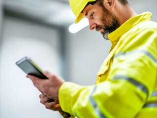 Fototapete - Digital Integration in Emergency Services Firefighter Engages with Tablet - Enhancing Crisis Preparedness and Safety Protocol Efficiency for Public Sector Innovation