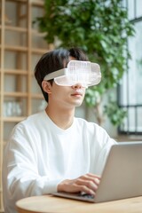 Poster - Augmented Reality in Urban Cafes South Korean Man in His 30s with AR Glasses and Laptop - Digital Collaborations for Architecture and Modern Business Solutions