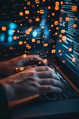 Aufkleber - Cybersecurity Visual Neon Orange Digital Streams and Binary Code on Dark Workspace - Dynamic Data Protection Imagery for Modern IT Solutions and Corporate Security Strategies