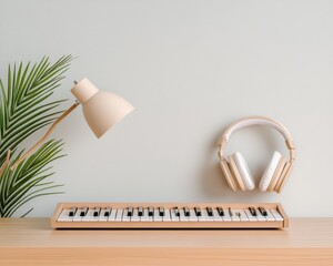 Aufkleber - Minimalist Music Creation Hub Sleek Wooden Synth Keyboard and Cozy Lighting for Home Studio Innovation - Modern Audiophile Accessories for Digital Sound Design