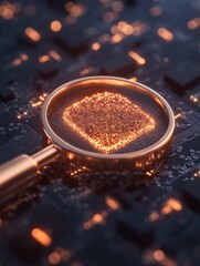 Poster - Futuristic Cybersecurity Audit Illuminated Circuit Board with Magnifying Glass - Tech and Digital Safety Content for System Hardening and Network Security in Business Environments