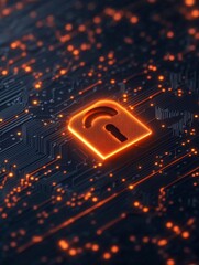 Fototapete - Futuristic Cybersecurity Graphic Neon Circuit Board with Glowing Lock Icon - Digital Privacy Visual for IT Security Solutions and Cyber Defense Promotion