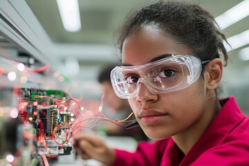 Fototapete - Modern Tech Apprenticeship Young Engineers with Circuitry and Soldering Tools in Well-Lit Lab - Vocational Training for Electronics Innovation and Career Development
