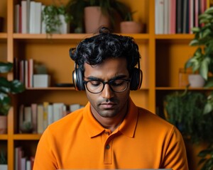 Aufkleber - Modern Virtual Coworking Space Indian Man in Casual Polo with Headset in Digital Presentation - Tech Enhanced Collaboration and Startup Innovation