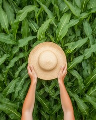 Poster - Eco-Tech Farming Aesthetic Straw Hat in Lush Corn Field - Precision Agriculture Imagery for Sustainable Agribusiness Marketing and Green Technology Integration