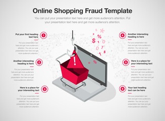 Poster - Simple infographic template for online shopping fraud. 6 stages template with a laptop computer and a fake shopping cart.