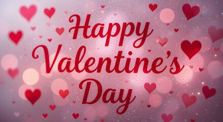 Fototapete - Valentines day background with heart pattern and typography of Happy valentine's Day text. Inscription on steamy glass.