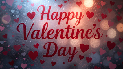 Fototapete - Valentines day background with heart pattern and typography of Happy Valentine's Day text. Inscription on cracked plexiglass.