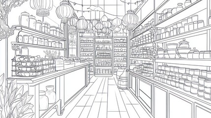 Asian herbal shop interior, line art, shelves stocked, lanterns hanging, website design