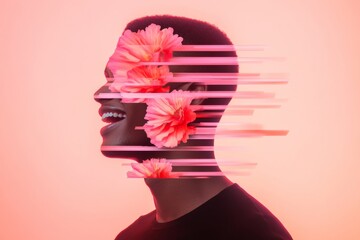 Poster - Neon Glitch Art Laughing Silhouette with Distorted Flowers in Vibrant Pixels - Trendy Visual for Digital Marketing and Creative Campaigns