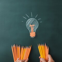 Poster - Chalkboard Hand Lettering Pencils and Lightbulb Sketch - Creative Marketing Campaign Imagery for Innovative Business Solutions and Idea Generation