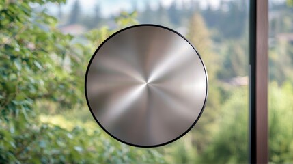 Brushed metal disc near window, green trees background.  Website design, app