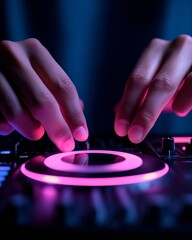 Poster - Neon-Chic DJ Setup Hands on Sleek Controller with Vibrant RGB Glow - Modern Audio Production and Home Studio Creativity for Electronic Music Enthusiasts