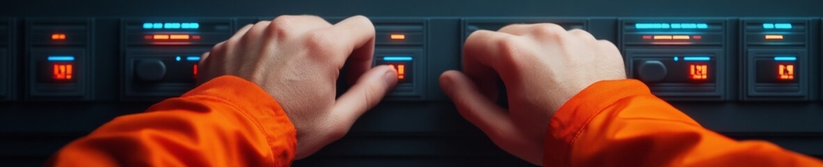 Poster - Industrial Tech Oversight Hands in Vibrant Safety Gear Adjusting Control Panels in Low-Light Setting - Ensuring Compliance and Efficiency for Modern Manufacturing Systems