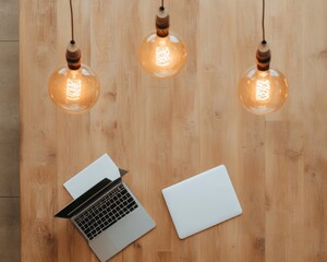 Aufkleber - Modern Workspace Aesthetics Collaborative Wooden Desk with Laptops and Ambient Lighting - Inspiring Startup Environment for Remote Work and Cross-Cultural Collaboration