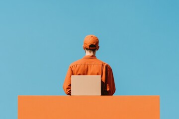 Poster - Minimalist Delivery Aesthetic Courier in Bold Orange Uniform with Cardboard Box - Streamlined Shipping Visual for Modern E-commerce Solutions and Business Innovation