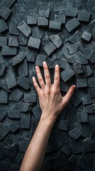 Aufkleber - Tactile Resilience Hand Touching Stone Tiles on Dark Slate - Business Continuity Visuals and Risk Management Strategies for Modern Crisis Prevention