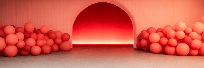 Poster - Energetic Minimalist Event Decor Red Balloon Archway with Gradient Lighting for Dynamic Festival Atmospheres and Innovative Party Spaces