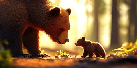 Wall Mural - small cub and large grizzly bear 