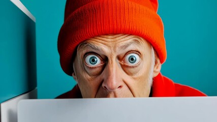 Poster - Man with a red hat and a white piece of paper in his hand. He is looking at the camera with a surprised expression
