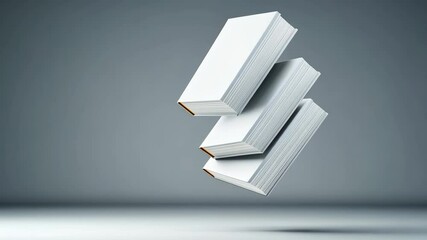 Poster - Three white books stacked on top of each other, one of which is upside down. The books are floating in midair, creating a sense of weightlessness and freedom. The scene evokes a feeling of curiosity