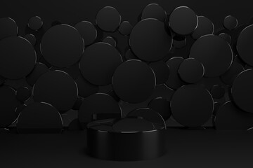 Poster - new year black abstract stage mockup - black glossy plastic podium mockup, flying black circles deco