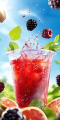 Poster - Refreshing Berry Drink with Splash in Clear Plastic Cup