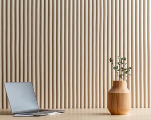 Poster - Modern Workspace Aesthetic Minimalist Laptop and Natural Wooden Vase on Textured Wall - Professional Focus and Eco-Friendly Office Design for Enhanced Creativity