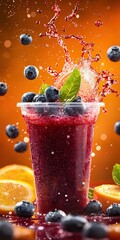Poster - Vibrant Close-Up of Blueberry Drink with Citrus on Golden Background
