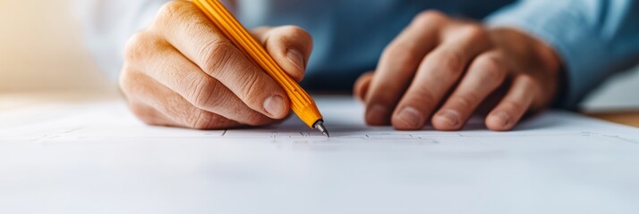 Poster - Minimalist Workspace Aesthetic Man Writing with Wooden Pencil on Paper - Innovative Design for Creative Industry and Professional Efficiency Enhancement